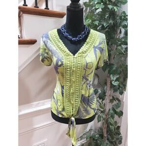 Unique Spectrum Womens Green Black Short Sleeve V Neck Button Front Top Blouse S